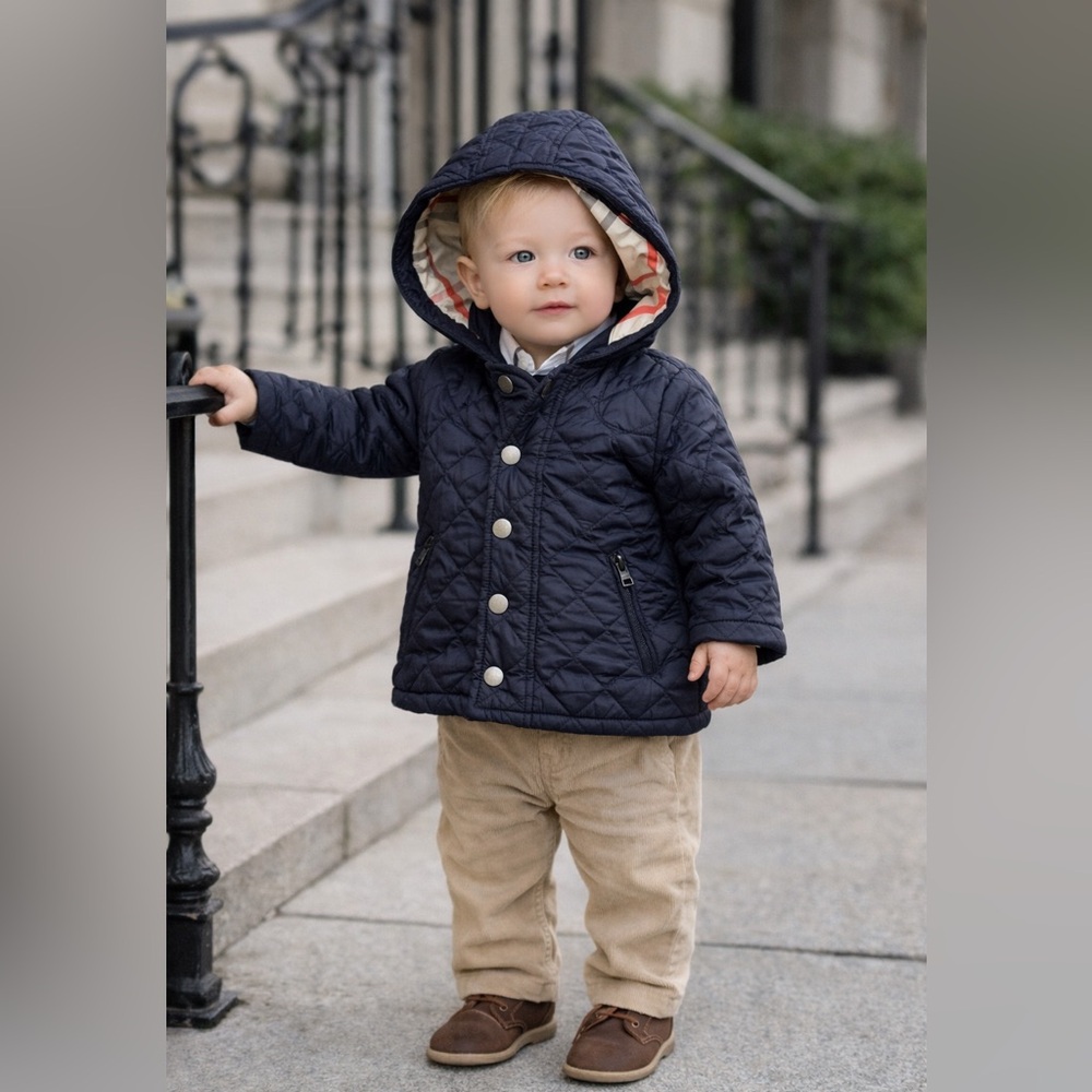BURBERRY LONDON Quilted Long Sleeve Button Up Hooded Puffer Jacket